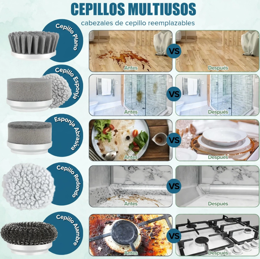 Cepillo Eléctrico de Limpieza Inalámbrico: friega sin esfuerzo (5 cabezales)